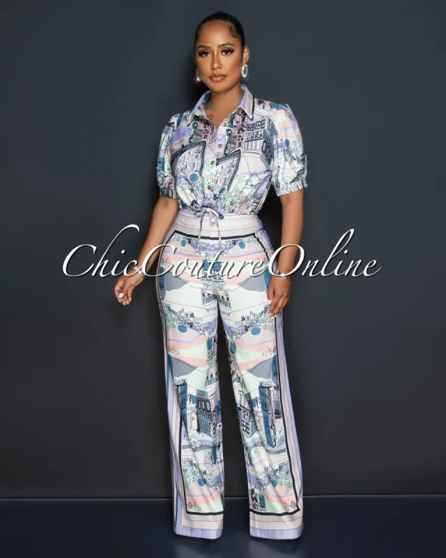 Lucien Multi-Color Print Crop Shirt & Wide Pants Set sold by Chic Couture