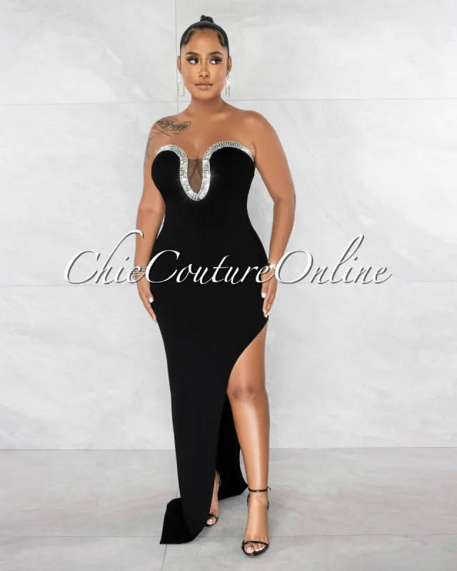 Hilton Black Rhinestones Neckline Leg Slit Maxi Dress sold by Chic Couture