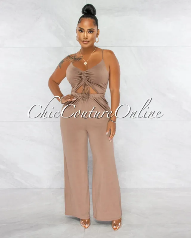 Skye Mocha Ruched Front Cut-Out Jumpsuit sold by chic
