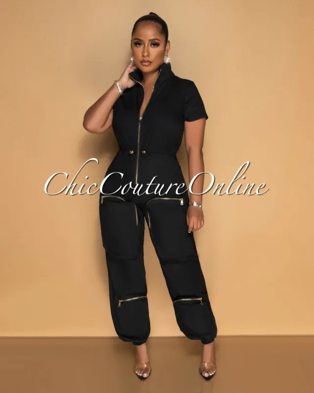 Morcan Black Cargo Pockets Jogger Jumpsuit sold by Chic Couture