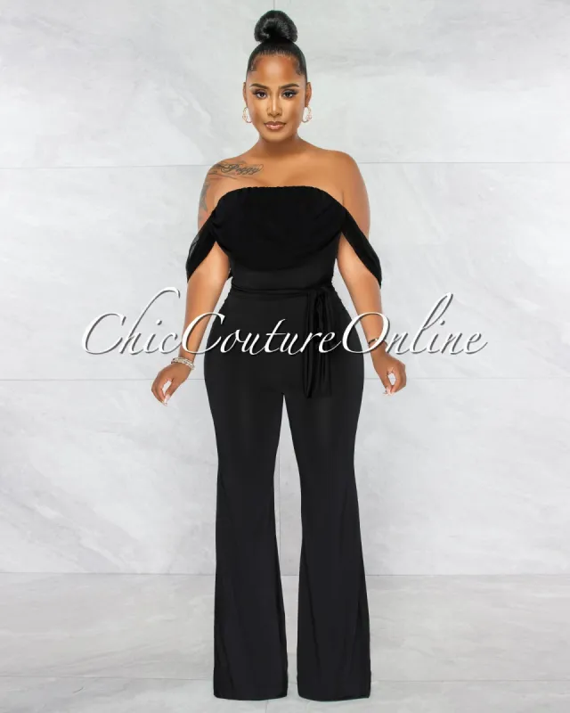 Darcy Black Mesh Sleeves Waistband Tie Jumpsuit sold by Chic Couture