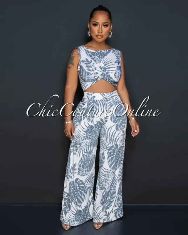 Kosta White Grey Leaf Print Crop Top & Wide Leg Pants Set sold by Chic Couture