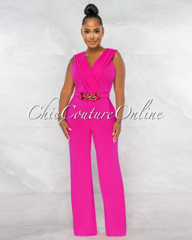 Aimee Fuchsia Pleated Bust Gold Link Jumpsuit sold by Chic Couture