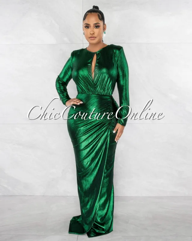 Malika Green Black Shimmer Bust Cut-Out Draped Maxi Dress sold by Chic Couture