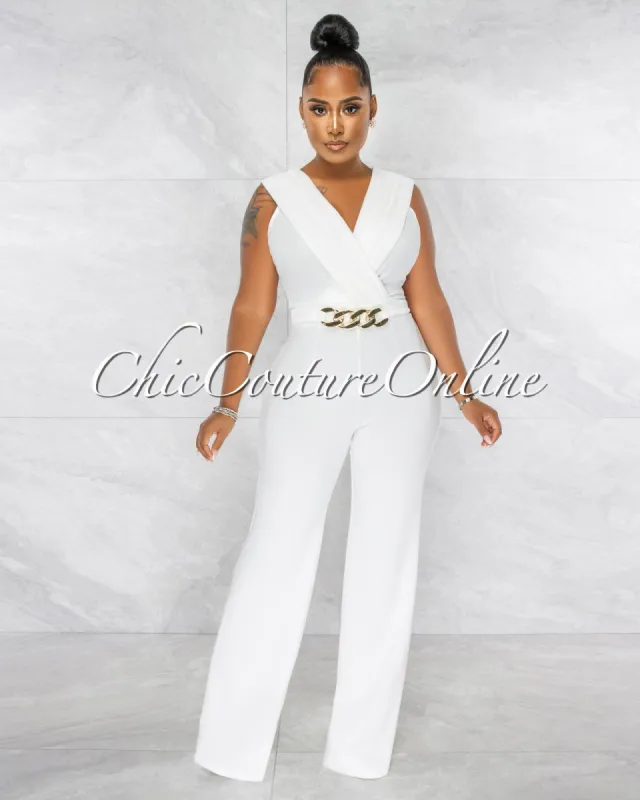 Aimee Off-White Pleated Bust Gold Link Jumpsuit sold by chic