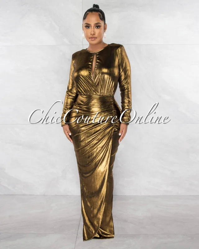 *Malika Gold Black Shimmer Bust Cut-Out Draped Maxi Dress sold by Chic Couture