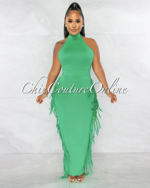 Rommey Green Crop Top & Tassels Pencil Maxi Skirt Set sold by chic