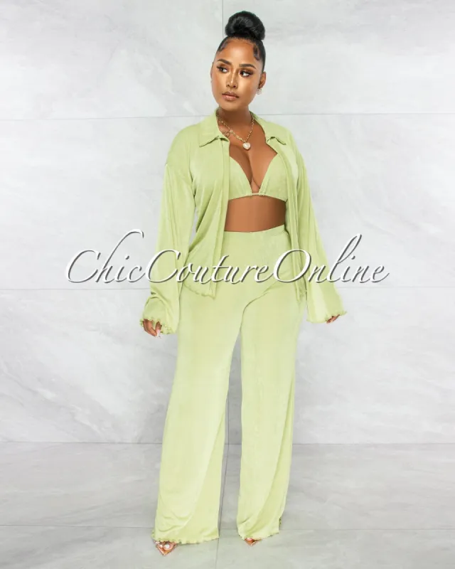 Zayda Sage Crop Top Cover-Up & Wide Pants 3 Piece Set sold by chic