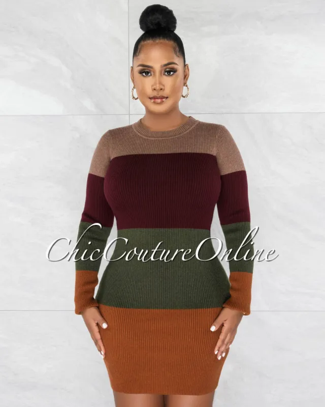 Temela Brown Olive Green Color Block Ribbed Dress sold by Chic Couture