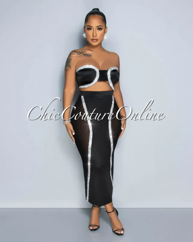 Lexus Black Rhinestones Mesh Crop Top & Maxi Skirt Set sold by Chic Couture
