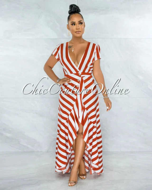 Otmar Orange White Stripes Wrap Ruffle Dress sold by Chic Couture