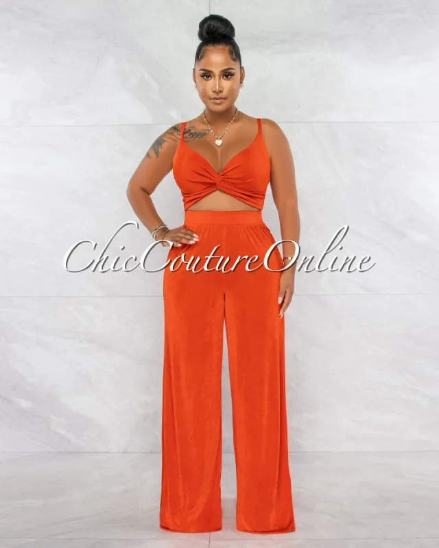 Arabella Orange Knot Crop Top & Wide Pants Shimmer Set sold by chic