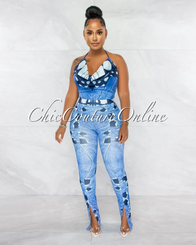 *Felicity Blue Print Silky Crop Top & Slit Leggings Set sold by chic