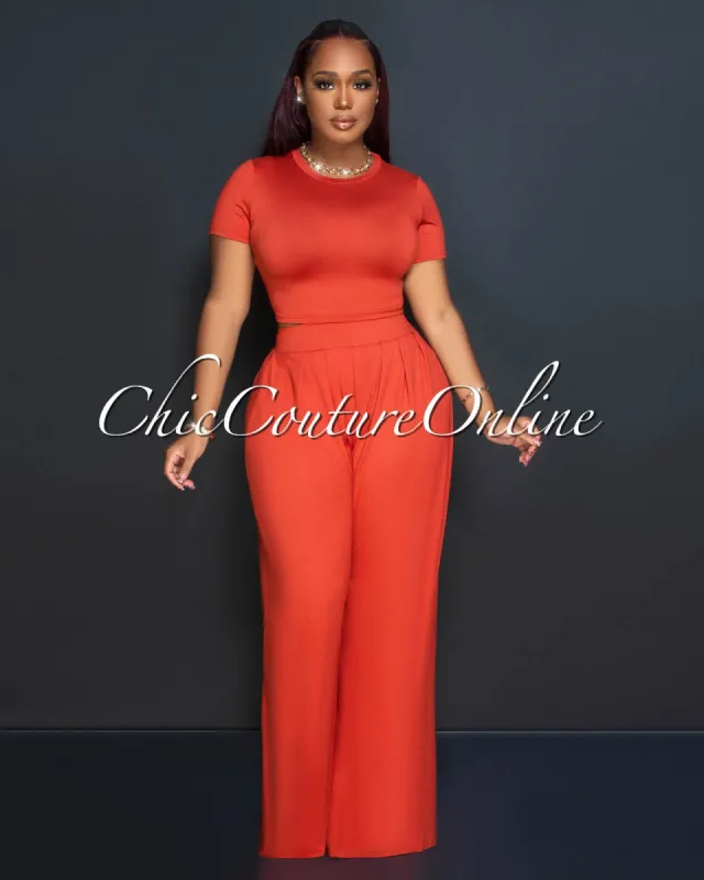 Rossy Rust Crop Top & Wide Leg Pants Set sold by Chic Couture