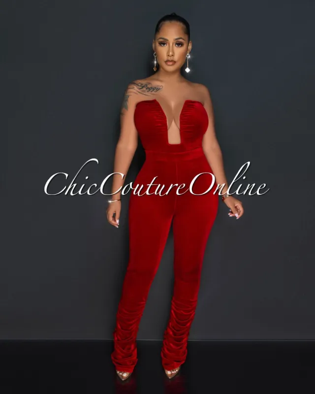 Bernabe Burgundy Strapless Ruched Legs Velvet Jumpsuit sold by Chic Couture