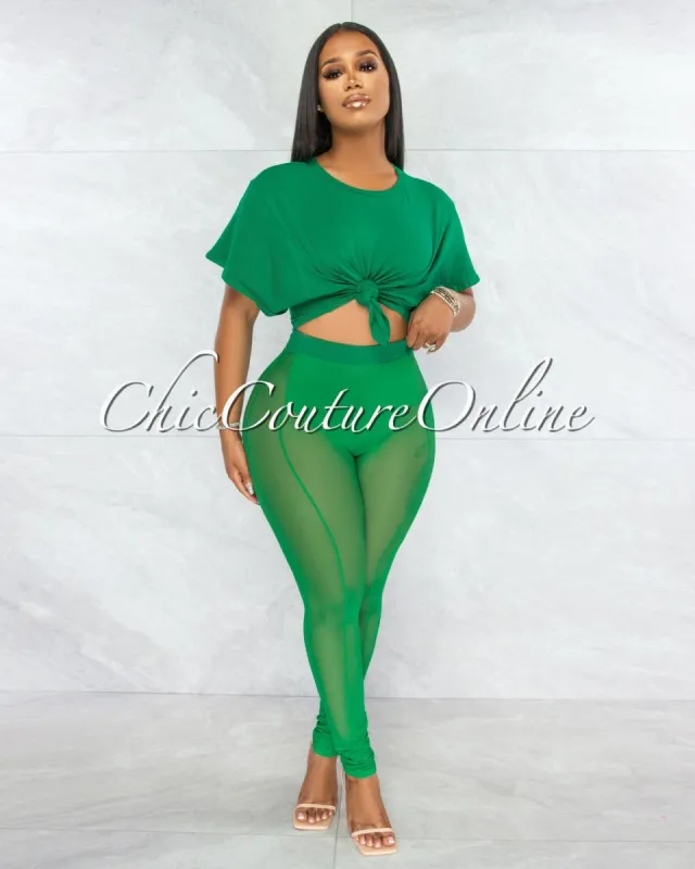 Cherie Kelly Green Tie Crop Top & Mesh Leggings Set sold by Chic Couture