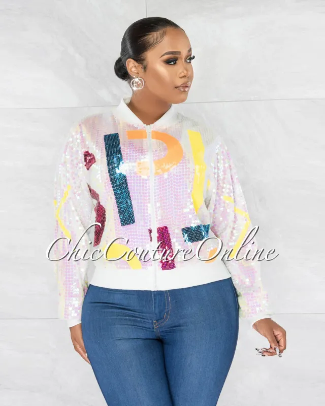 Elira White Multi-Color Print Sequins Bomber Jacket sold by Chic Couture
