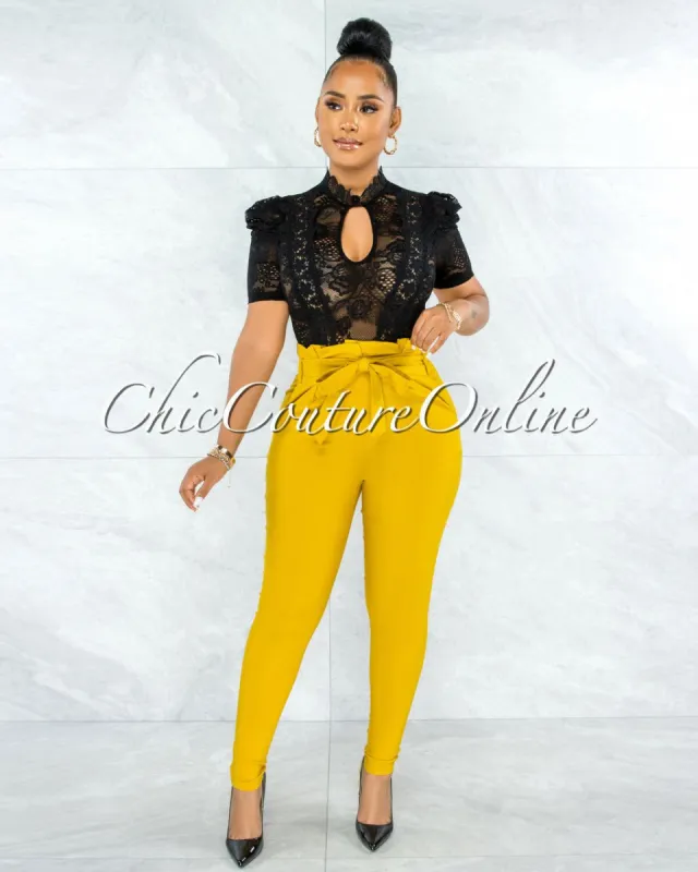 Jarrett Mustard Pleated Paper Bag Tie Belt Pants sold by chic