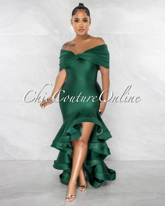 *Kapila Hunter Green Ruffle Statement Hi-Lo Maxi Dress sold by Chic Couture