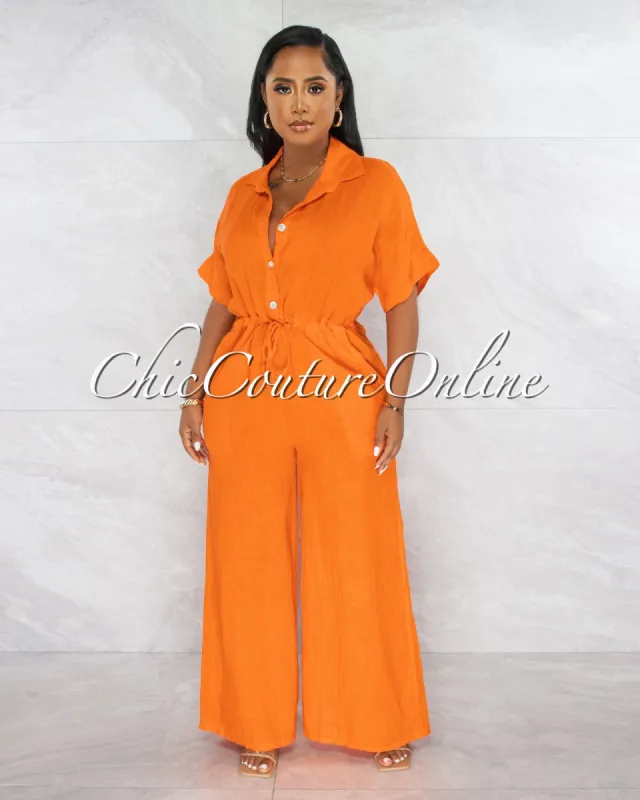 *Vivian Orange Collared Neck Wide Legs LINEN Jumpsuit sold by Chic Couture