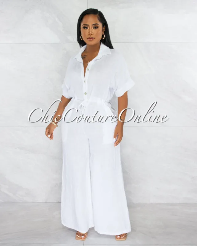 *Vivian White Collared Neck Wide Legs LINEN Jumpsuit sold by Chic Couture
