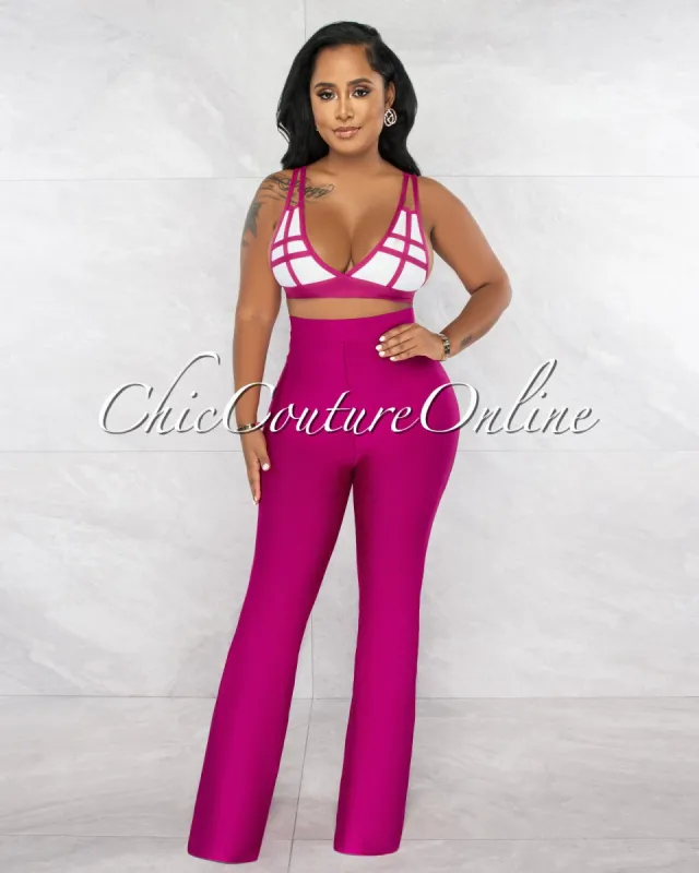*Hiero Magenta White Crop Top & Bell Legs Pants Bandage Set sold by Chic Couture