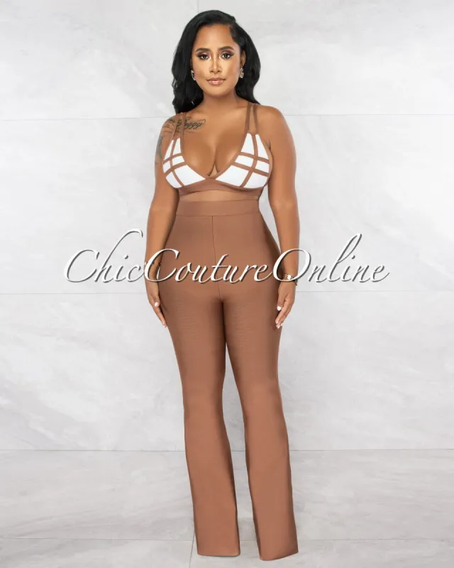 *Hiero Mocha White Crop Top & Bell Legs Pants Bandage Set sold by Chic Couture