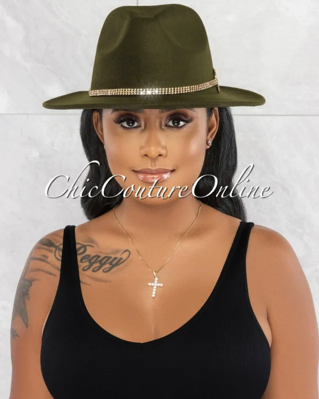 *Peggy Olive Green GG Rhinestones Strap Faux Suede Fedora Hat sold by chic