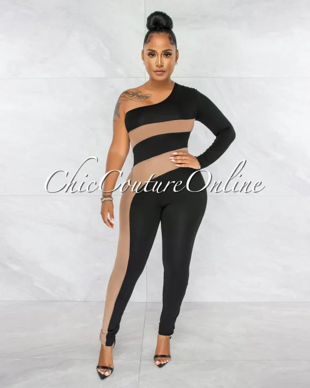 Vicente Black Nude Mesh Details Single Shoulder Jumpsuit sold by Chic Couture