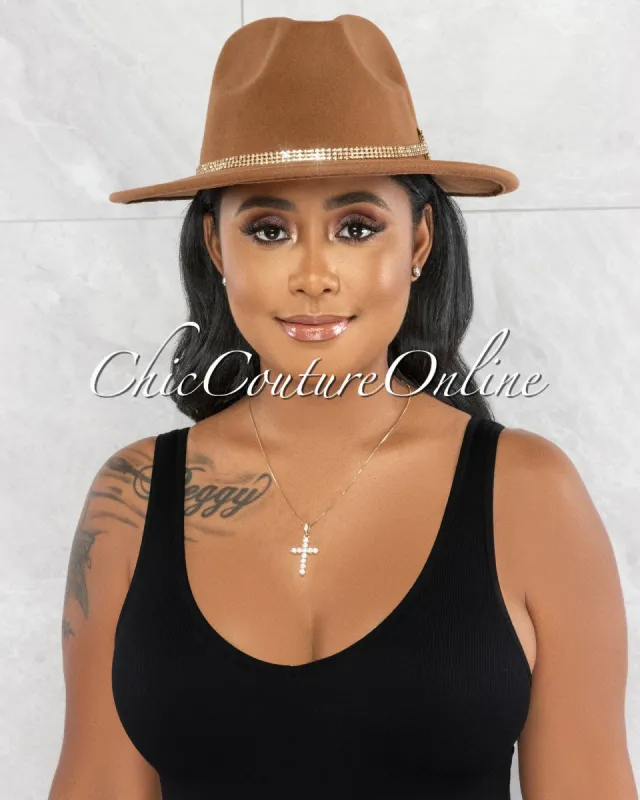 *Peggy Camel GG Rhinestones Strap Faux Suede Fedora Hat sold by chic