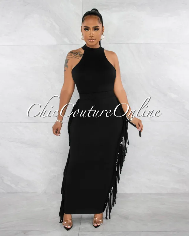 *Rommey Black Crop Top & Tassels Pencil Maxi Skirt Set sold by Chic Couture