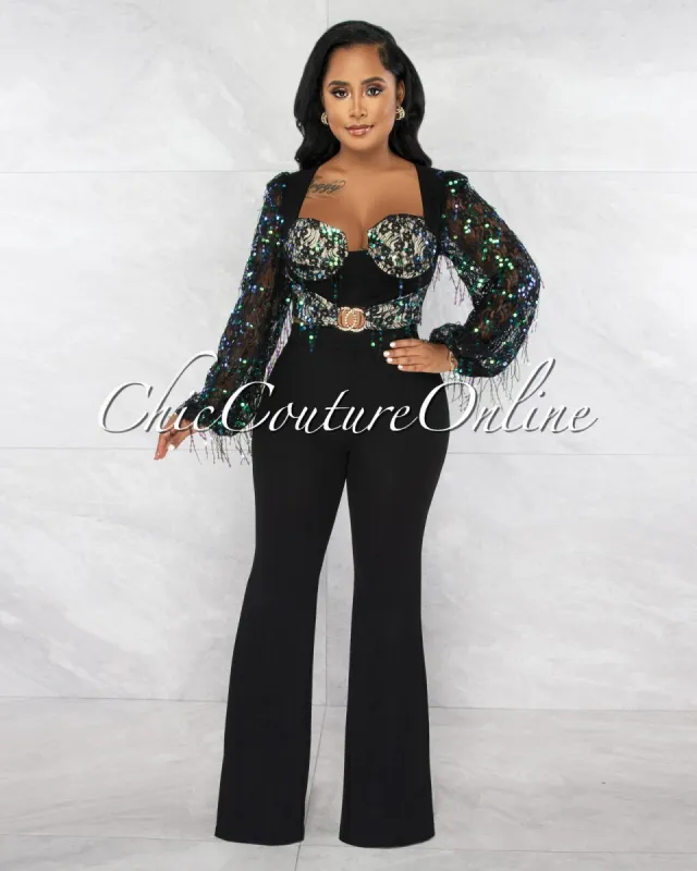 *Xavier Black Lace Iridescent Sequins Sleeve Top & Wide Pants Set sold by Chic Couture