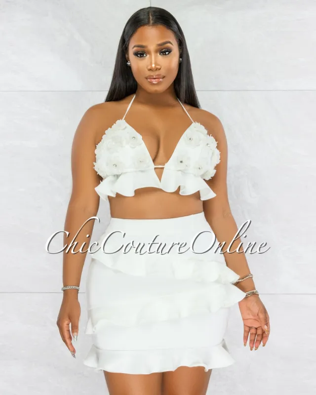 *Wagner Off-White Embroidery Crop Top & Ruffle Skirt Set sold by Chic Couture