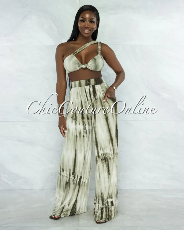 *Hiliana Olive Green Tie-Dye Torn Top & Wide Legs Pants Set sold by Chic Couture