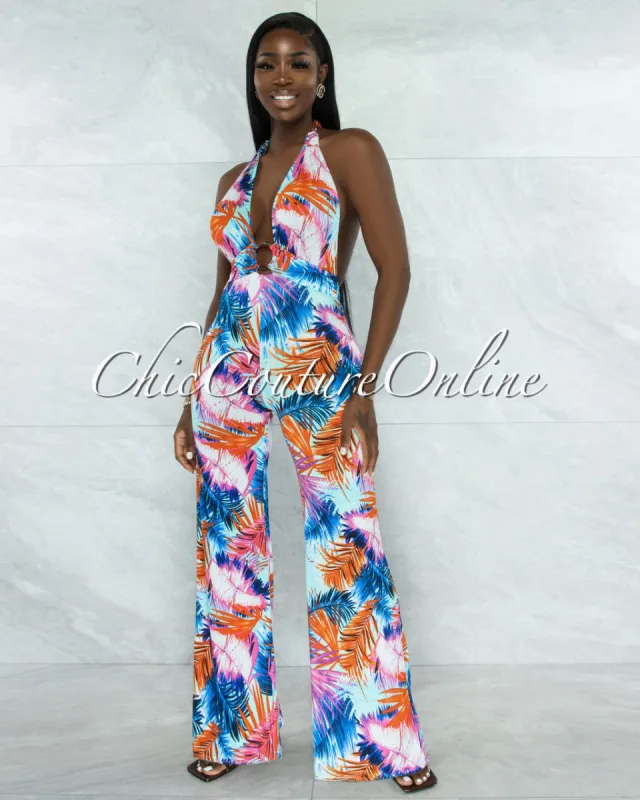 *Magnolia Pink Blue Palm Print Halter Wide Jumpsuit sold by chic