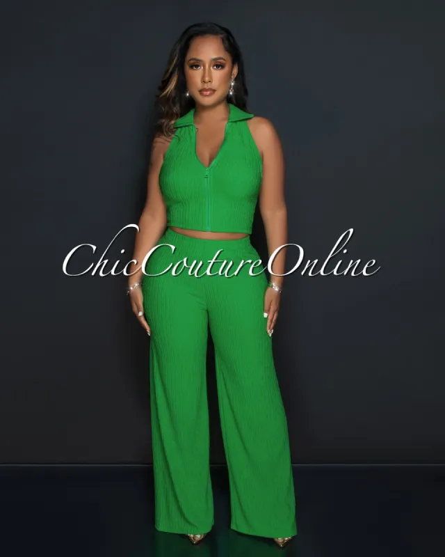Costelle Kelly Green Front Zipper Top & Wide Pants Textured Set sold by Chic Couture