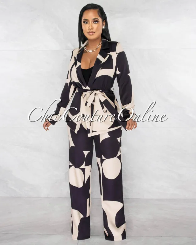 Sweta Black Nude Self-Tie Blazer & Wide Pants Set sold by chic