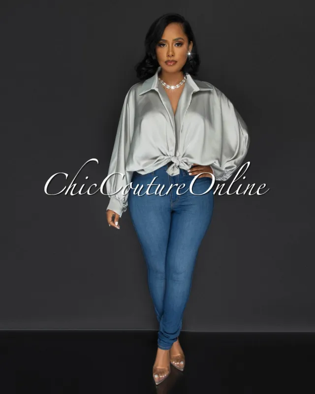 Pilar SIlver Wide Sleeves Silky Blouse sold by Chic Couture