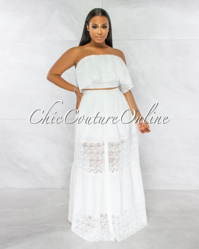 *Akron Off-White Ribbed Crochet Crop Top & Maxi Skirt Set sold by Chic Couture
