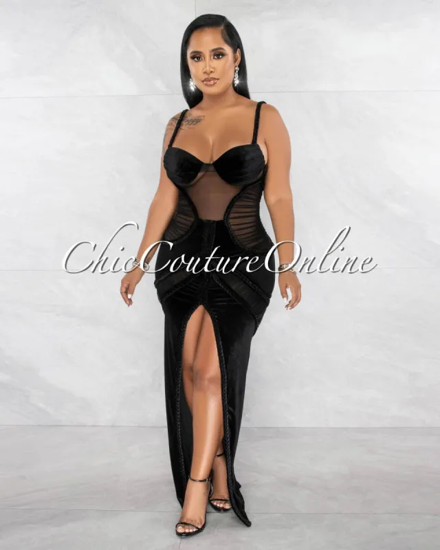 Eliam Black Velvet Mesh & Braids Details Front Slit Maxi Dress sold by chic