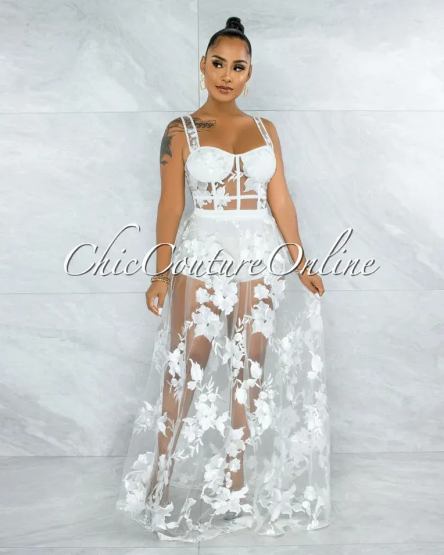*Lidonie Off-White Embroidery Mesh Maxi Padded Dress sold by Chic Couture