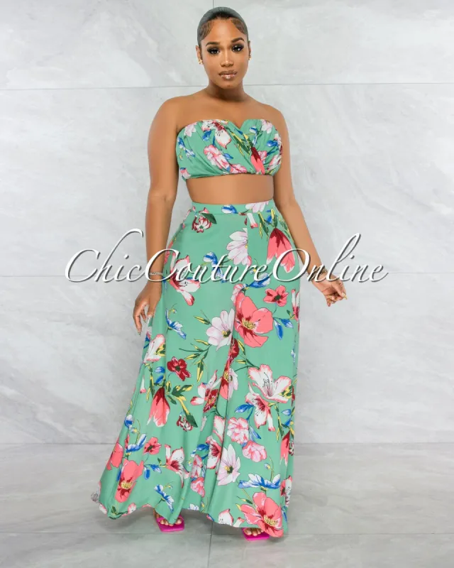 *Helia Sage Floral Print Draped Crop Top & Wide Pants Set sold by Chic Couture