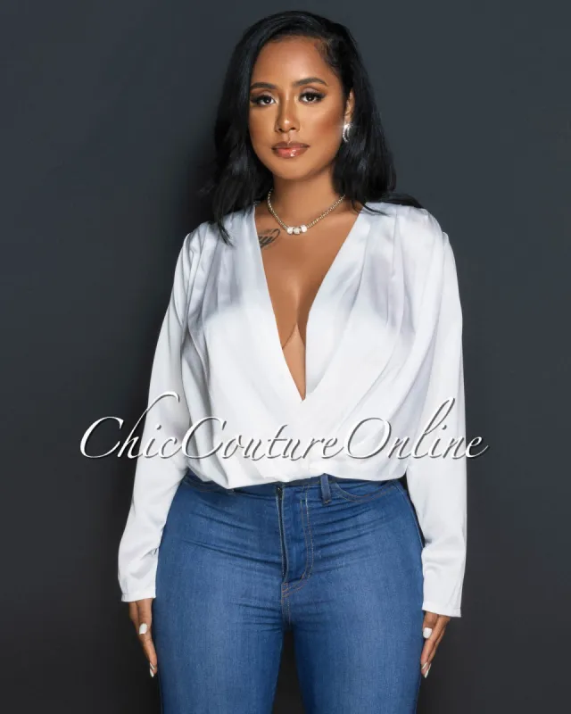 Terria Off-White Long Sleeves Draped Silky Bodysuit sold by Chic Couture