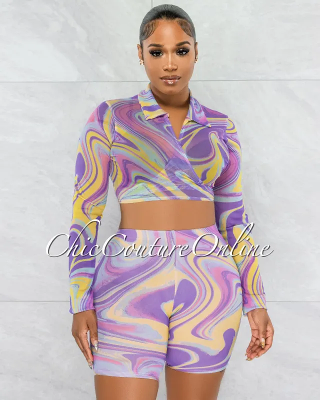 Vedonia Lilac Yellow Retro Print Crop Top & Bike Shorts Mesh Set sold by chic