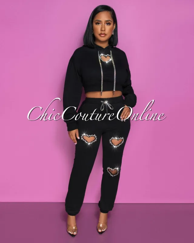 Caren Black Heart Rhinestones Key-Hole Jogger Hoodie Set sold by Chic Couture