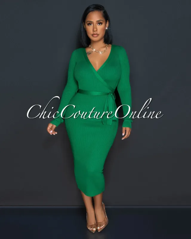 Enrys Green Wrap Sweater Ribbed Midi Dress sold by Chic Couture