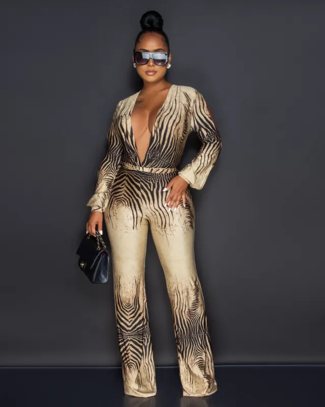 Boswell Brown Black Zebra Print Plunging V-Neck Jumpsuit (2/5) sold by Chic Couture
