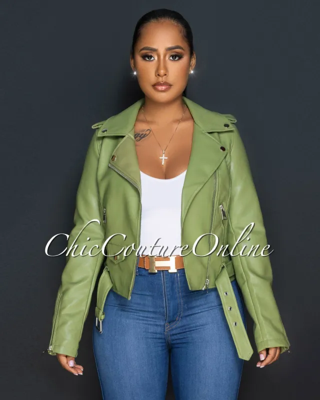 Vinaya Olive Green Vegan Leather Zippered Jacket sold by Chic Couture
