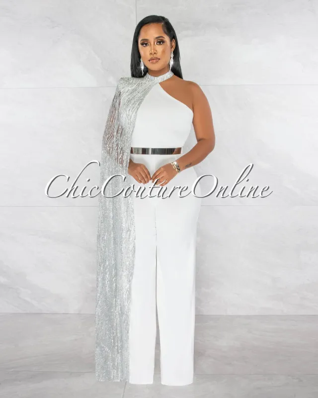 *Prya Off-White Silver Shimmer Overlay Silver Bendable Belt Jumpsuit sold by Chic Couture