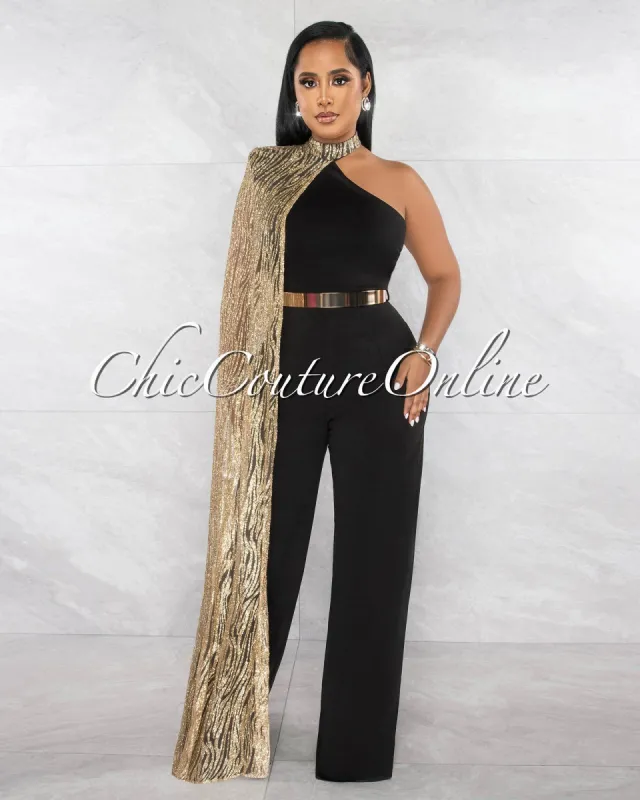 *Prya Black Gold Shimmer Overlay Gold Bendable Belt Jumpsuit sold by chic